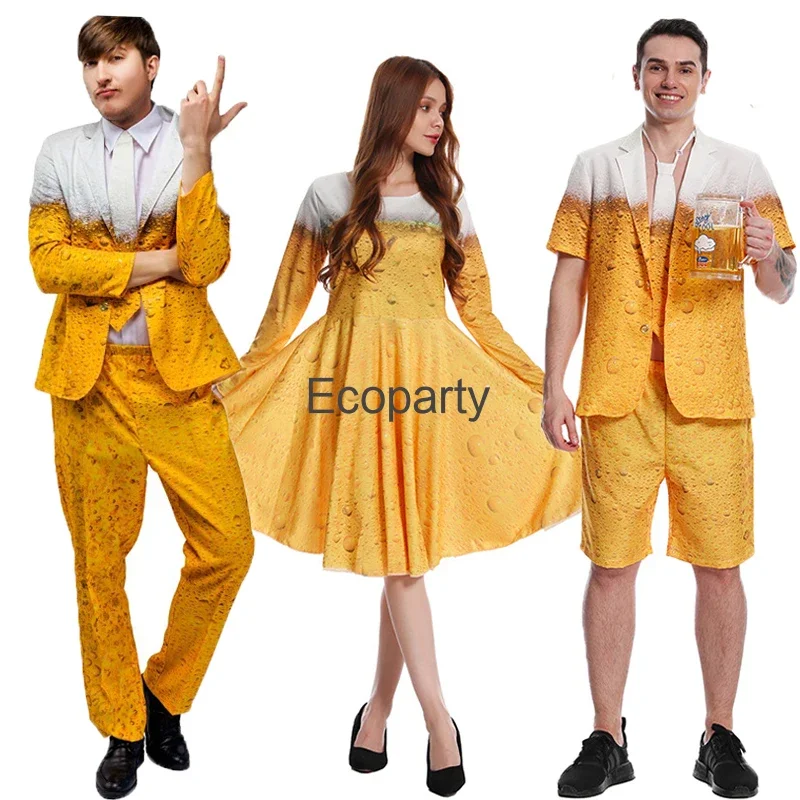 Costume d'Oktoberfest pour hommes et femmes, tenues de paupières de bière bavaroise, vêtements College en 3D trempés de bière jaune, ensemble de fête de carnaval, cosplay, nouveau