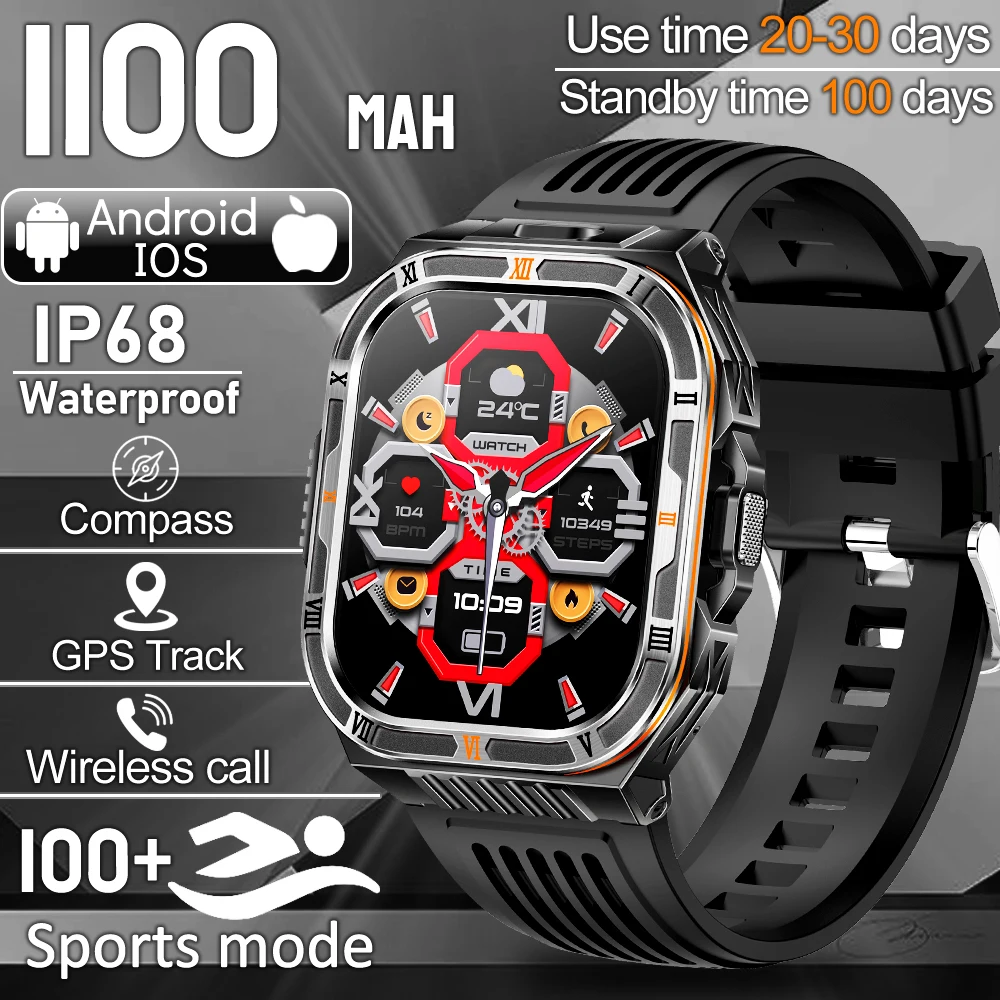 

2026 New Smart Watch Men 1100 mAh Large Battery With Flashlight Sports Compass Bluetooth Call Man For Android iOS Smartwatch