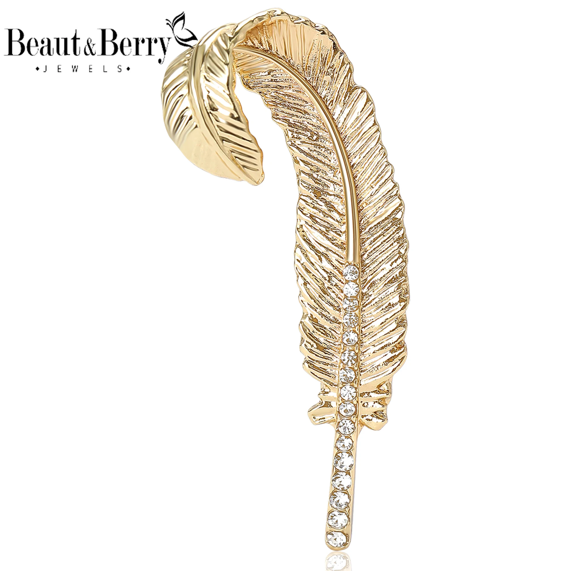 Beaut&Berry Trendy Metal Feather Brooches for Women Lapel Sweater Pins Friends Party New Gifts Banquet Jewellery Accessories