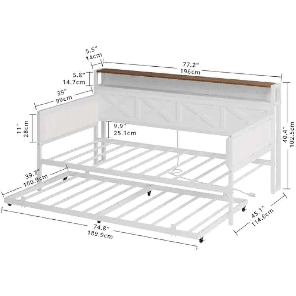 IRONCK Sofá cama con nido, estructura de cama doble de metal resistente con estructura en forma de X, sofá cama tapizado de granja con estación de carga