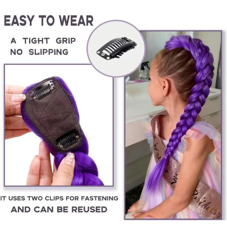 Extensión de cola de caballo morada de 26 pulgadas con clip, para cosplay de niñas en Halloween y Navidad 2