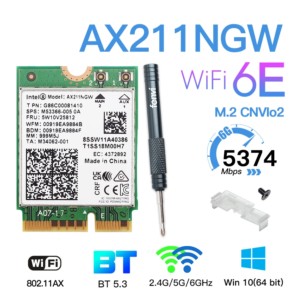 

AX211NGW Wi-Fi 6E M.2 Key E CNVio2 2.4Ghz/5Ghz/6Ghz Bluetooth 5.3 Wireless Adapter Card 802.11ac Windows 10 64 Bit