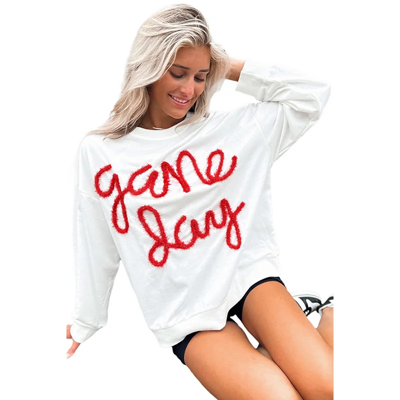 Autumn New Gameday Letters  Round Neck Pullover Sweater For Women Thin Minimalist Style Letter Embroidery Hoodie For Women