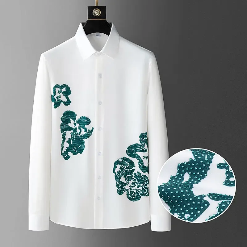 

Rhinestones Flower Shirt For Men Streetwear Casual Color Contrast Dress Shirt Social Party Tuxedo Men Clothing Camisa Hombre