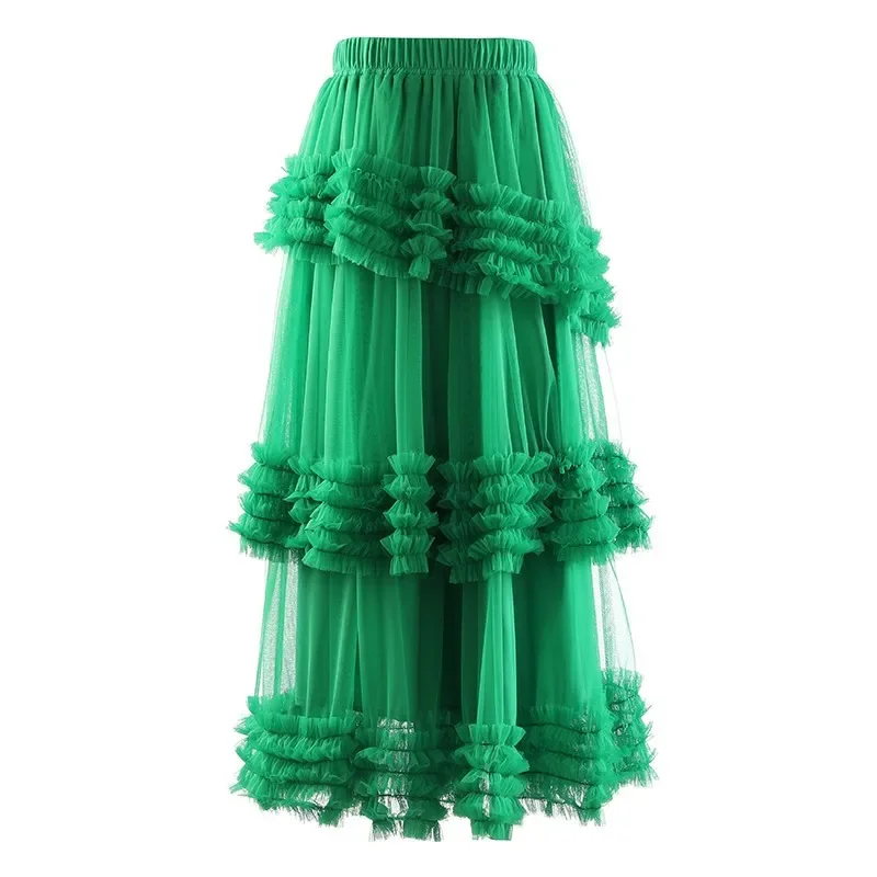 2024 High Street Summer New Fashion Women's Cascading Ruffles Mesh Elastic Waist Ball Gown Solid Color Casual Long Skirt