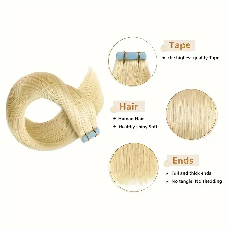 Extensiones de cabello con cinta adhesiva, 100% cabello humano Real liso, cinta de trama de piel sin costuras, extensiones de cabello negro Natural # 613 # 60 pelo rubio