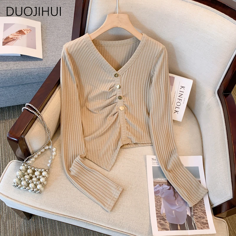 DUOJIHUI-suéteres con cuello en V para mujer, jerseys femeninos irregulares, Color puro básico Delgado, suéteres de punto simples, moda de otoño