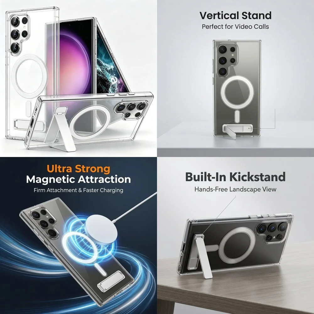 Clear Magnetic Case for Samsung S21 S22 S23 FE S24 S25 Ultra Plus S26 Kickstand Drop Resistant Wireless Charging Slim Cover