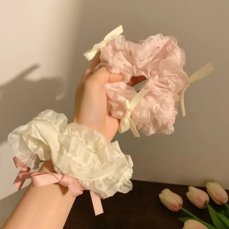 

Sweet Mesh Lace Bow Hair Ring Women Ponytail Cute Scrunchie Fashion Hair Accessories White Hair Tie Pink Hair Tie