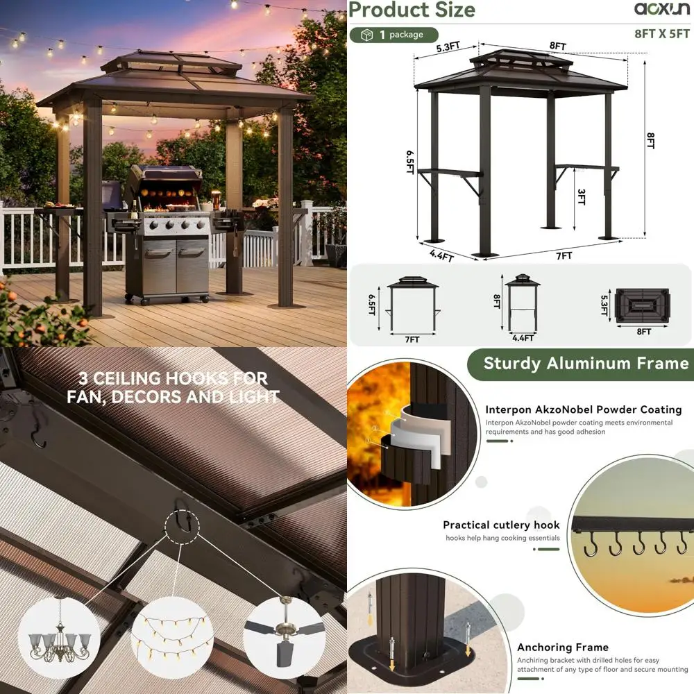 

Алюминиевая беседка для барбекю 8x5 футов — двойная крыша из поликарбоната с полками для гриля на открытом воздухе