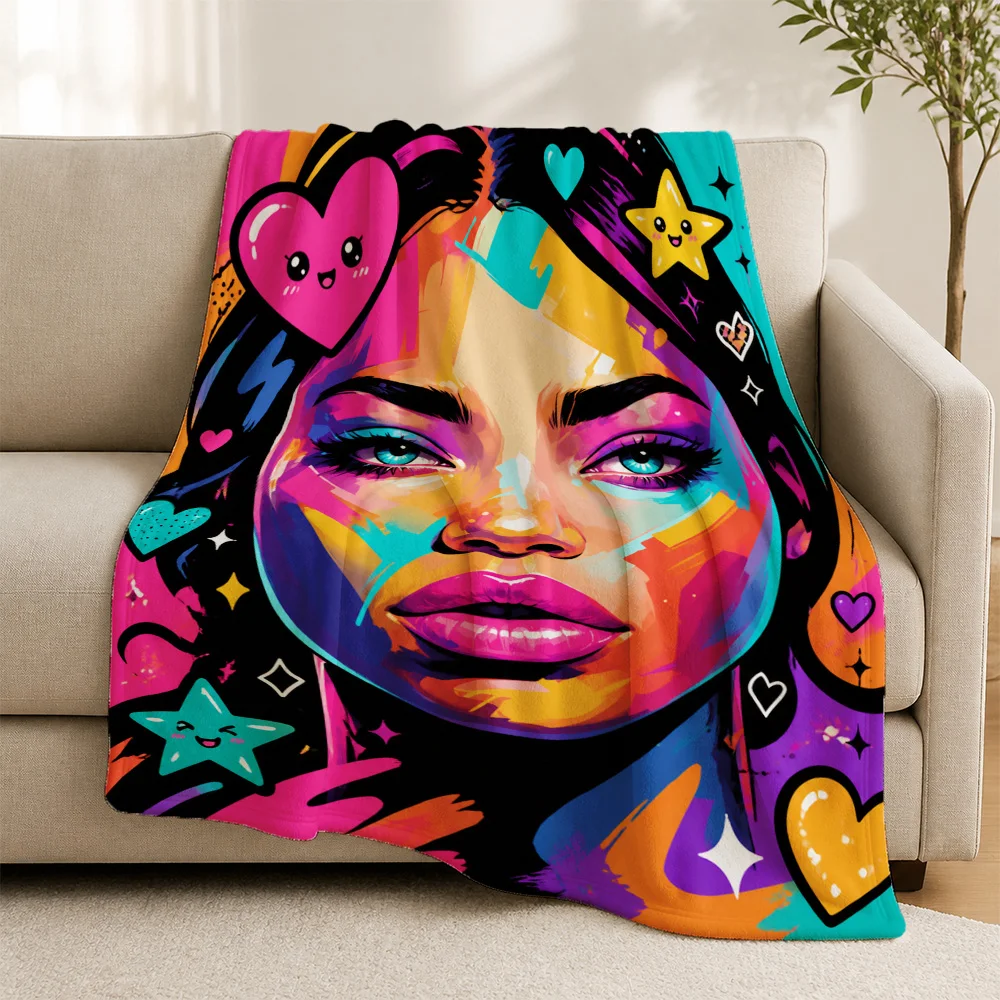 Vibrant Pop Art Print Throw Blanket for Sofa Boho Decor Abstract Woman Portrait Cotton Fuzzy Throw Gift for Living Room Couch
