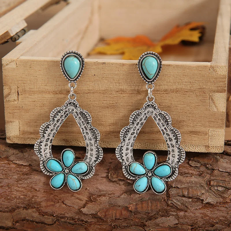 European and American Retro Big Drop-shaped Flower Turquoise Earrings New Style Thumping Eyelashes Ethnic Exaggerated Jewelry