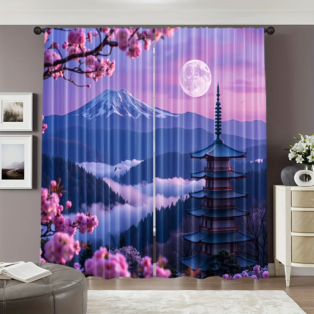 2pcs, 2D flat printing Party Window Curtains temple 100% Polyester,Without Electricity summer party decorations Perfect for Carn