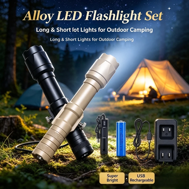 Hiking Camping Alloy LED Flashlight Kit, Long Short Torch, Super Bright, Strobe & SOS, USB Rechargeable Outdoor Gear