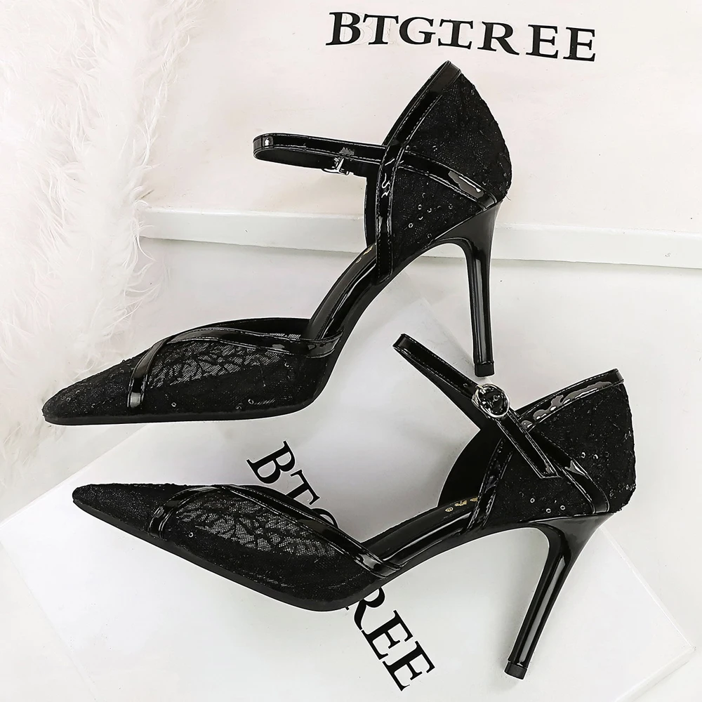 Summer Shoes Women's High Heels Lace Mesh Women Pumps Stiletto 9 Cm Heels Sexy Party Shoes Buckle High-Heeled Sandals Ladies