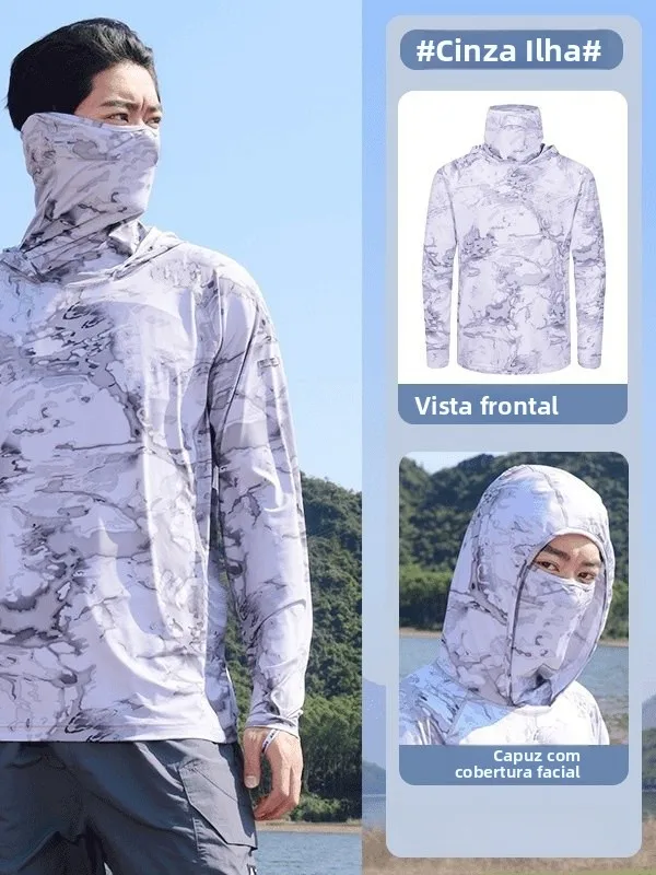 Roupa de Pesca Masculina de Verão com Proteção Solar, Secagem Rápida, Seda Gelada, Leve, Respirável, com Capuz e Máscara Facial