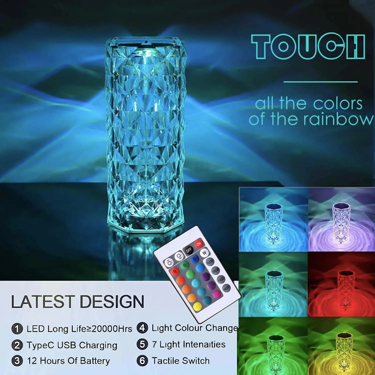 New Rechargeable 16 Colors RGB Rose LED Night Light Color Changing Crystal  Table Lamp  Bedroom Nightstand Christmas Decor