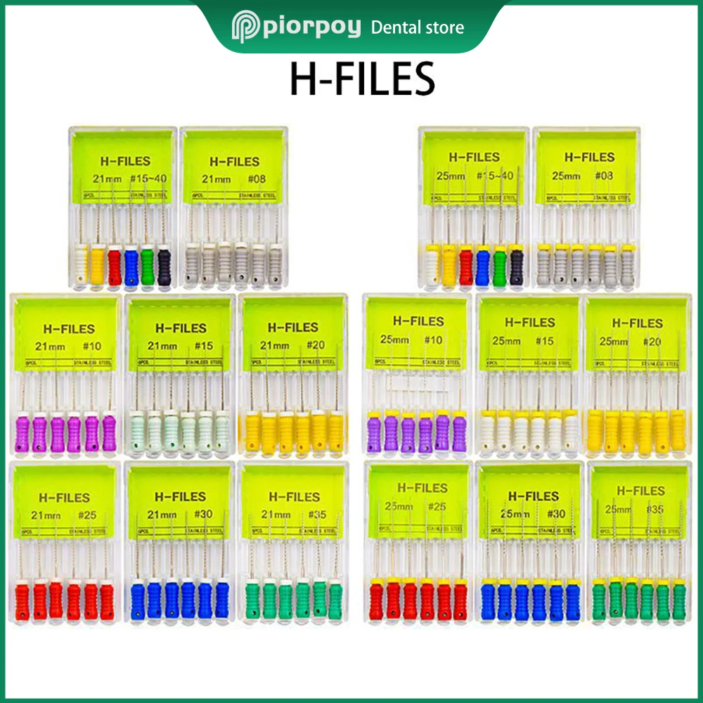 

PIORPOY 6 шт./коробка, стоматологические файлы для ручного использования, H-файлы, эндододонтические корневые каналы, 21/25 мм #15-40 #45-80, стоматологический инструмент из нержавеющей стали