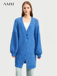 AMII 2023 Women's Woolen Cardigan Winter New Alpaca Wool V-neck Lantern Sleeve Button Needle Loose Midi Chunky Sweater 12373073