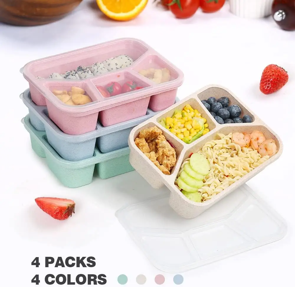 

NIM 4 Pack Bento Lunch Box 4 Compartment Meal Prep Containers Lunch Box BPA Free Plastic Reusable Food Storage Containers