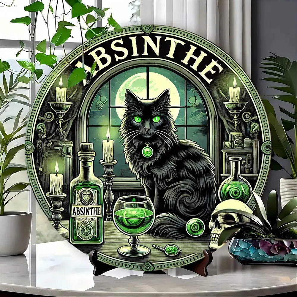 Metal Sign Room Decor 1pc Vintage Art Absinthe Black Cat Brewery Metal Round Sign, Creative Wall Decor Gift for Home, Kitchen