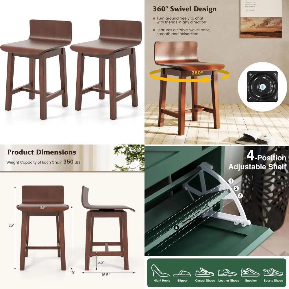 

Набор вращающихся обеденных стульев из 2 шт., деревянные кухонные стулья в стиле фермерского дома с рамой из массива каучукового дерева и подставкой для ног, изогнутое сиденье, средний-