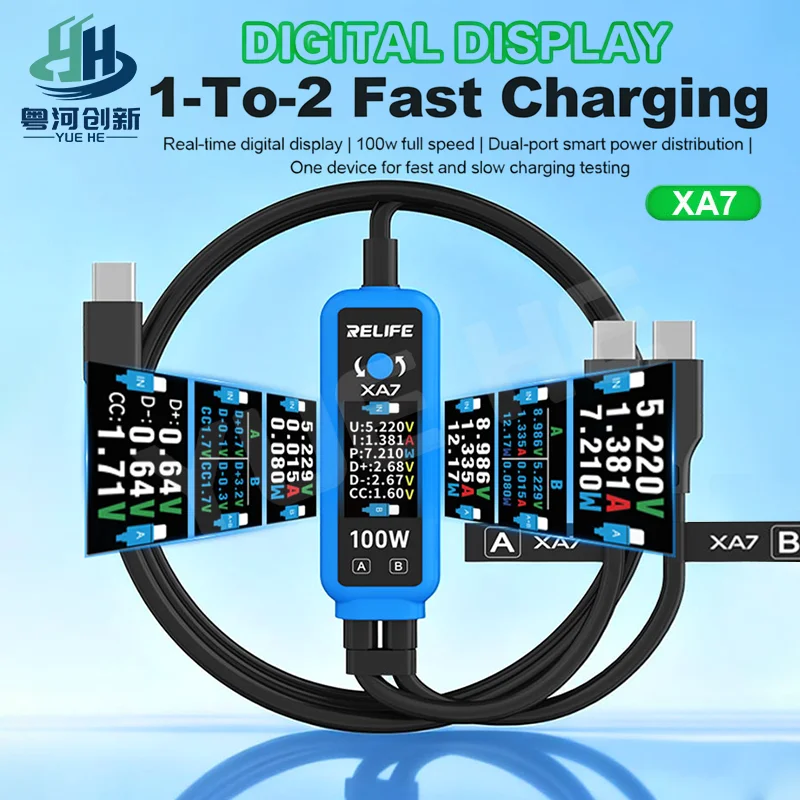 

Кабель для зарядки Relife XA7 100W с двумя портами USB-C и цифровым монитором напряжения, тока и мощности в реальном времени для ремонта и тестирования телефонов и ноутбуков