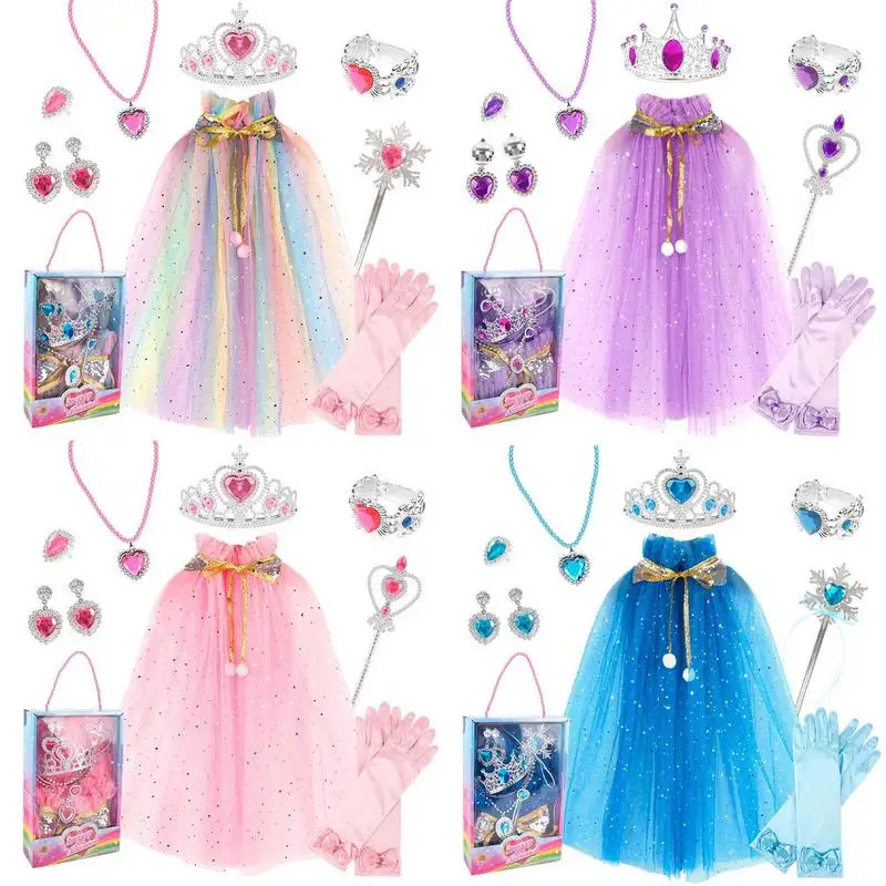 Conjunto de capa de princesa para niñas, accesorios de princesa con joyería, capa de princesa, Tiara, corona, pulseras, guantes y varita, 10 piezas