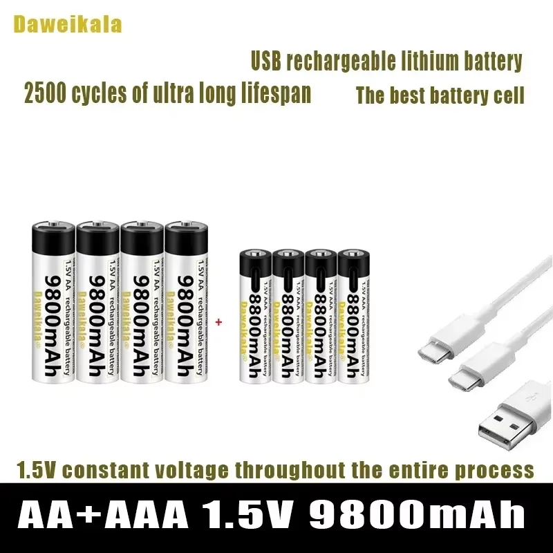 

New 1.5V AA + AAA USB Rechargeable battery AA 9800mAh/AAA 8800mAh li-ion batteries for toys watch MP3 player thermometer+ Cable