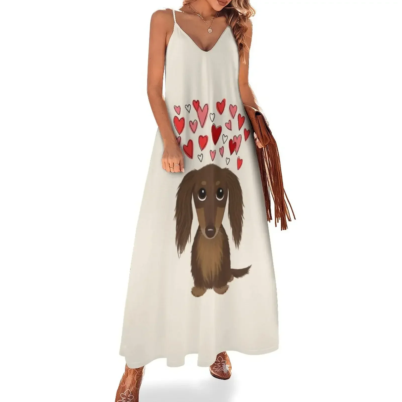 

Longhaired Chocolate Dachshund Cartoon Dog with Valentine Hearts Sleeveless Dress womens dress Dress