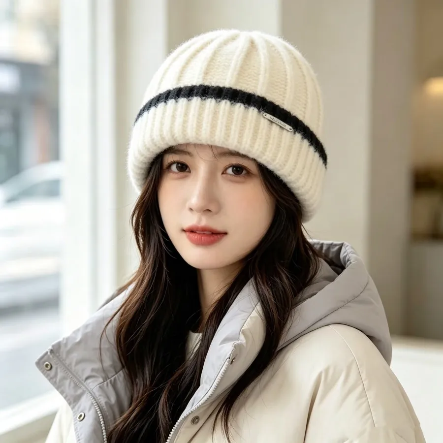 Korean-Style Fashion Black White Brimmed Hat Warm Thickened Ear-Protecting Women's Versatile Japanese-Style Knitted Hat Trend