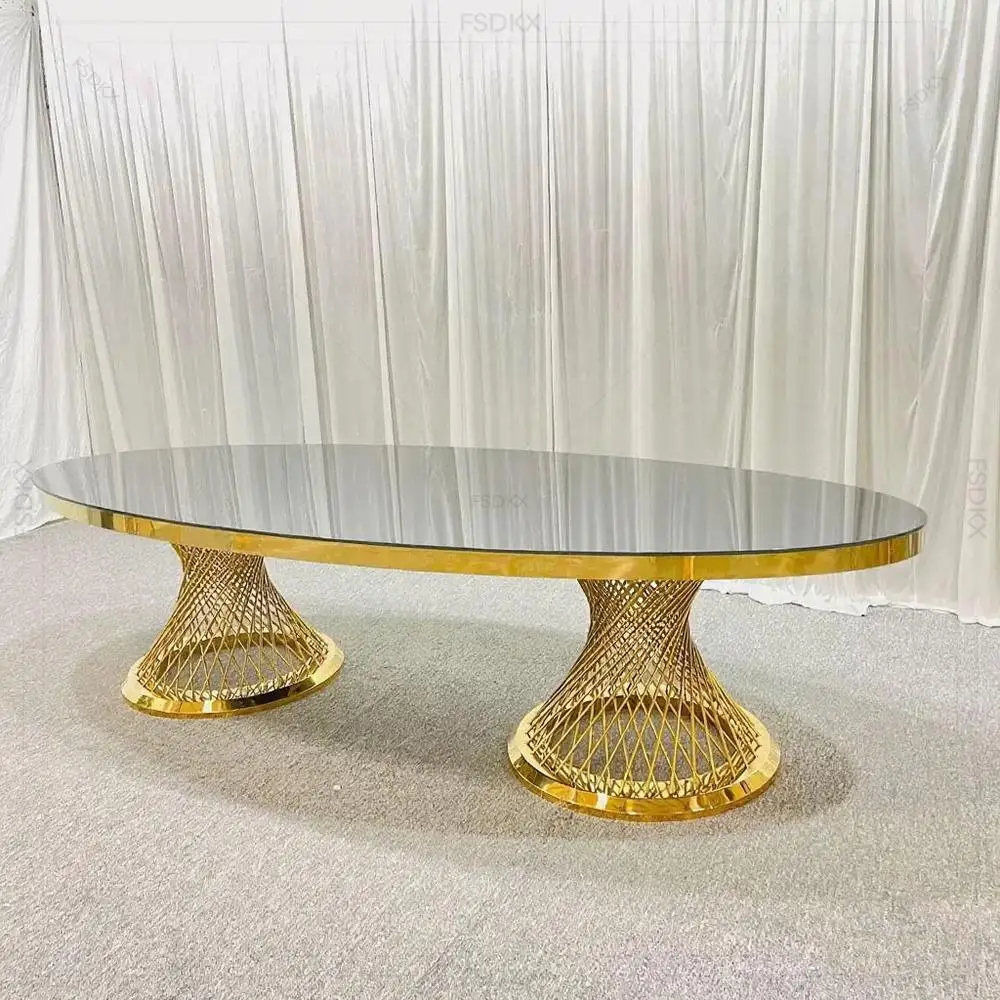

FSDKX Wedding Supplies Gold Legs Ellipse Table Luxury Mirror Table Top for Wedding Events Large Dining Table
