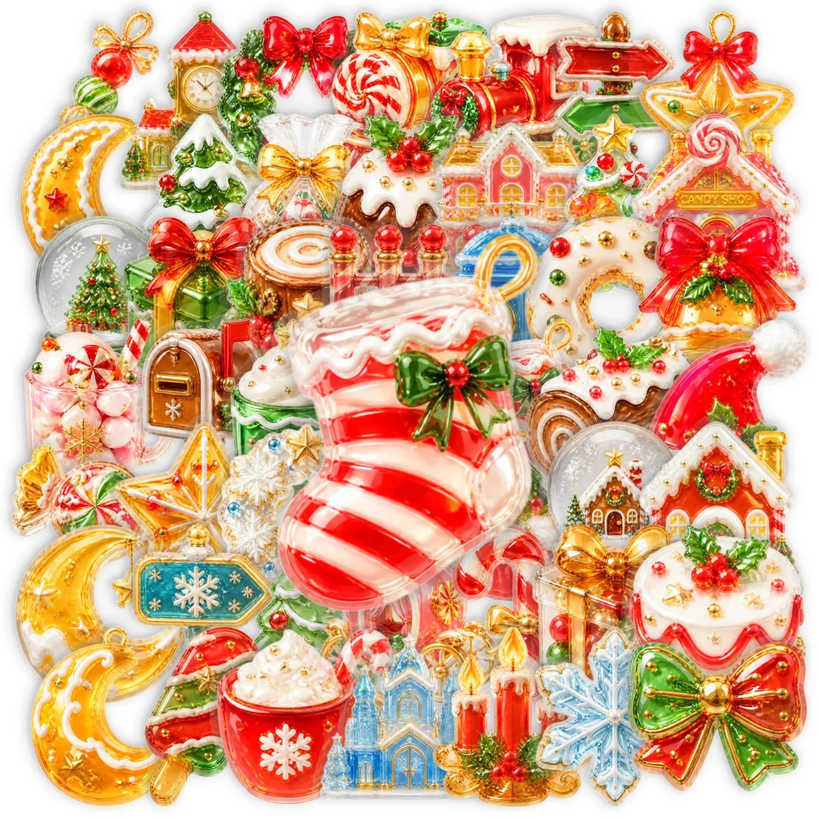 50 Piece Crystal Candy Christmas Stickers Realistic Resin Relief Festive Holiday Decor for Sweet Treats And Party Decoration