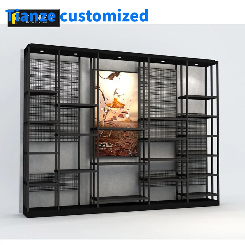 （customized）Customized Design Modern Style Shop Interior Wall Mounted Chocolate Retail Shop Display Shelf with Led Light