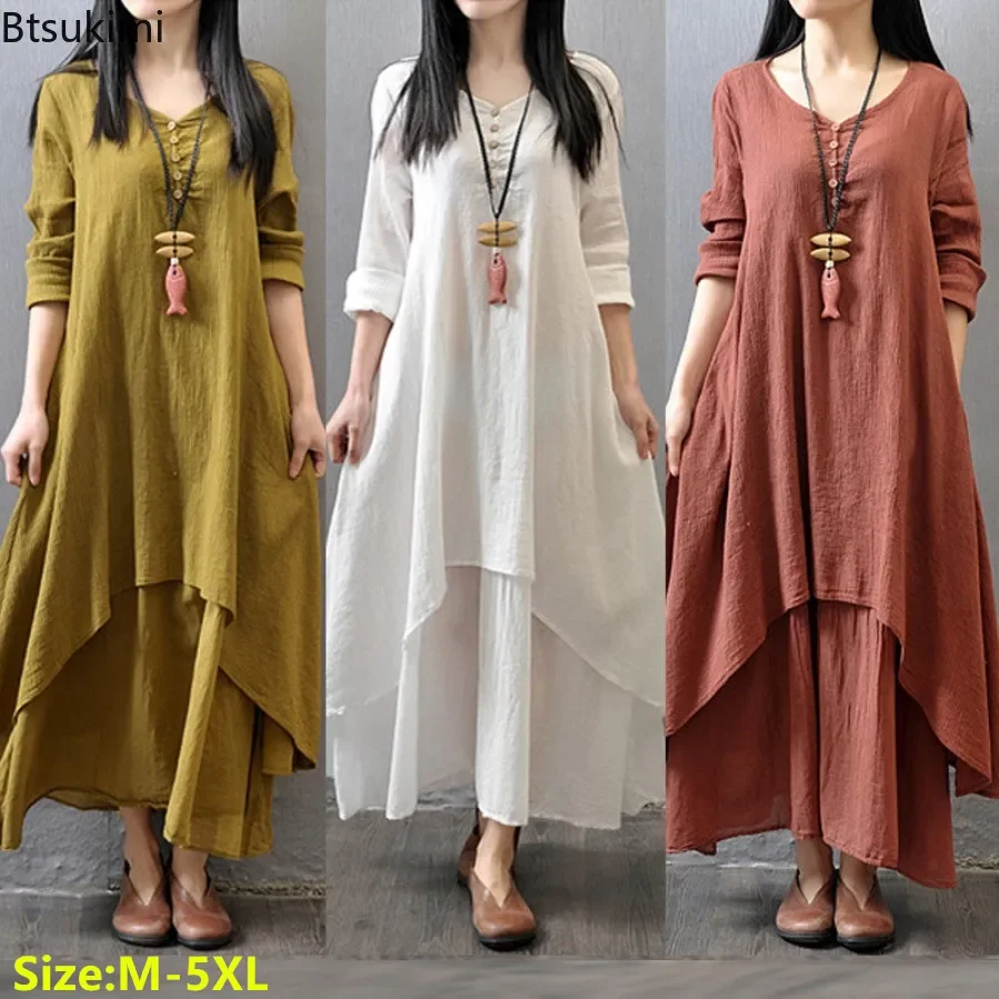 

2024 Vintage Cotton Linen Dress for Women Mori Girl Style Casual Dress Comfy Loose Long Sleeve Robe Females Plus Size Long Skirt