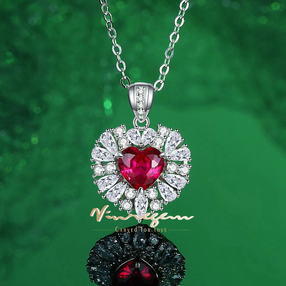 Vinregem 7*7 MM Heart Cut Ruby High Carbon Diamonds Gemstone Vintage Pendant Necklaces 100% 925 Sterling Silver Fine Jewelry