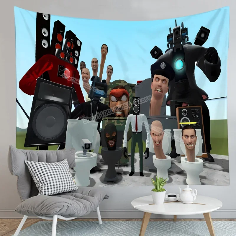 Skibidi-Tapisserie murale de toilette, toile de fond imprimée, toile de fond en polyester, dessin animé, anime, fête, photographie, cadeau de décoration