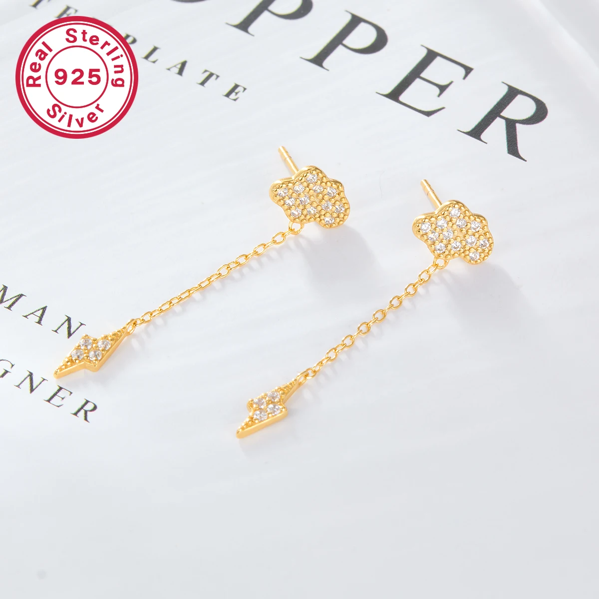 A pair of s925 sterling silver exquisite temperament cloud lightning fringe inset zircon earrings, women's daily wear earrings