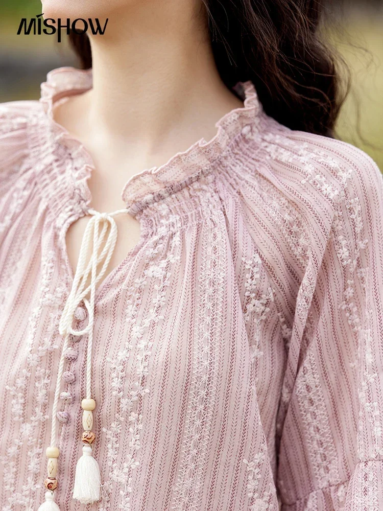 MISHOW Fashion Tassel Strap Embroidered Blouse Women's Spring Summer New Sweet Lace Puff Sleeve Long Sleeved Shirt MXE11X1704