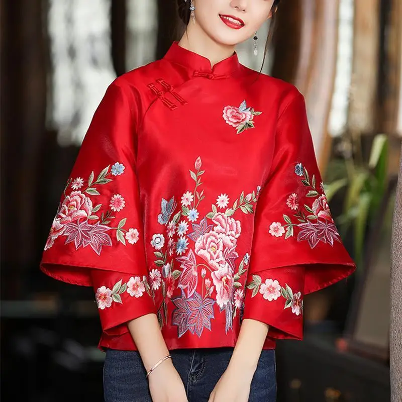 Haut chemisier vintage pour femme, bouton de plaque frontale alertes onale, col montant brodé, Qipao amélioré, petite chemise, printemps, nouveau, 2023