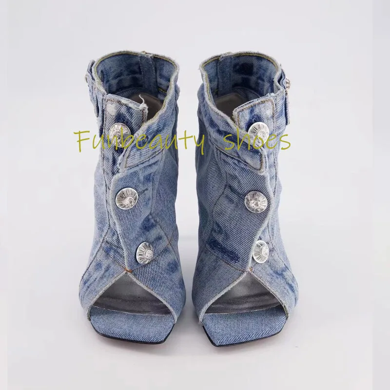 

2024 New Women's Fish Mouth High Heels Fashion Sexy Slim Heels Denim Button Up Square Toe Open Toe Ankle Boots