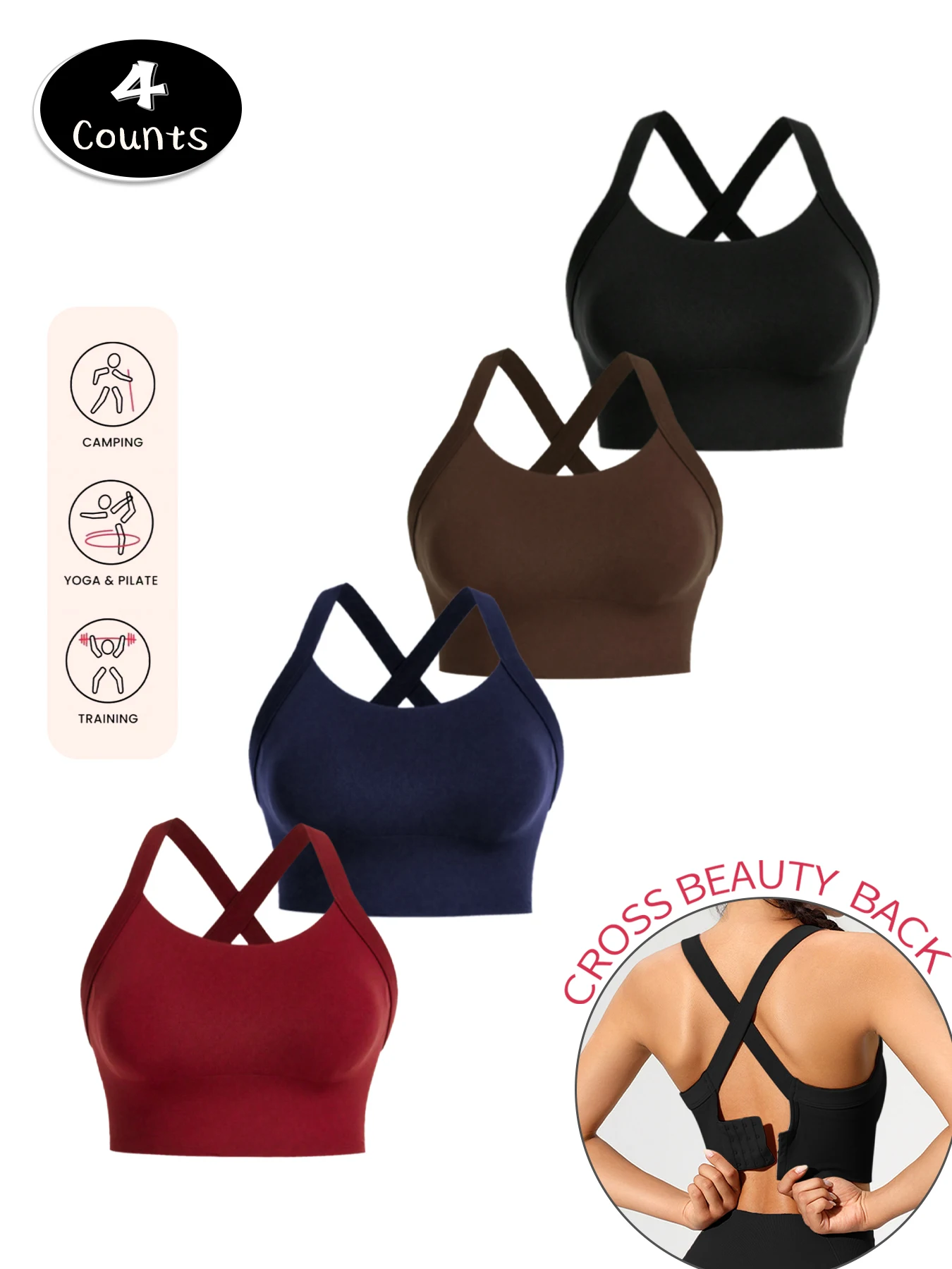 

4 шт. бесшовный высокоэластичный спортивный бюстгальтер с высокой поддержкой, женское нижнее белье, съемная накладка на грудь с дизайном перекрестных бретелей