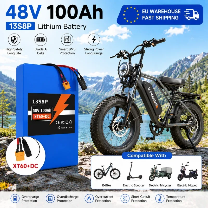 Wiederaufladbarer 48V 100Ah 13S8P 18650 Lithium-Akku mit integriertem Smart-BMS, XT60-Anschluss, EU-Schnellversand für DIY E-Bike E-Scooter 250-2000W Motor, Überlade- und Kurzschlussschutz
