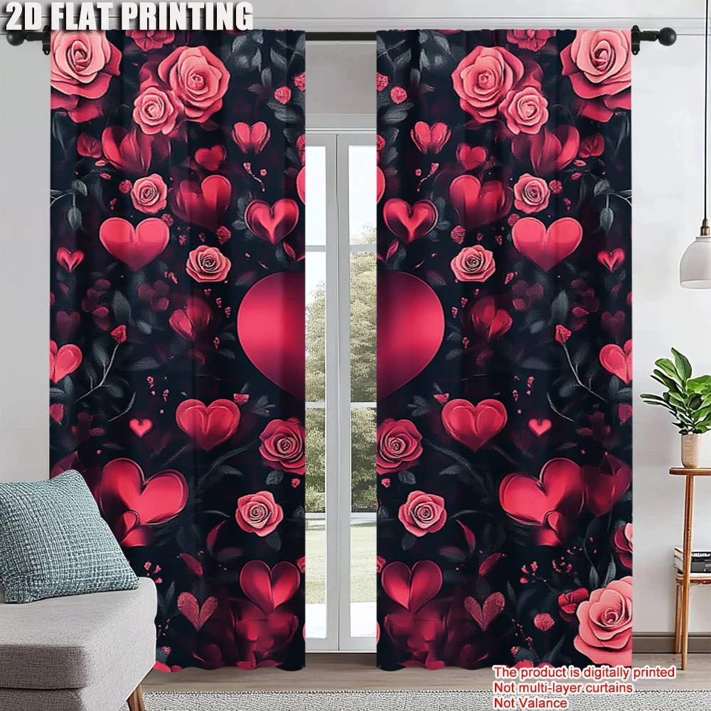 

2pc, Party Window Curtains Heart and Rose Light Filter Family Party Decoration Perfect for bedroom living room decoration