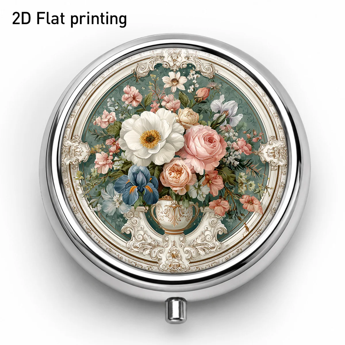 1Pc, Flat Printing, European-Style Classical Floral Vintage Round Small Pill Box, Three-Compartment Portable Storage Box, Small Item Organizer for Jewelry, Medicine, and Vitamins, Compartmentalized Design for Easy Storage and Retrieval, Essential Item for Home and Outdoor Use, Creative Gift, Travel and Daily Life Essential, Durable, Compact and Aesthetically Pleasing.