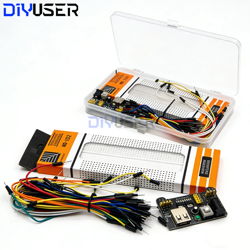 MB-102 Power Module Kit: 3.3V/5V Dual Output + 830pt Breadboard + 65 Wires + Case