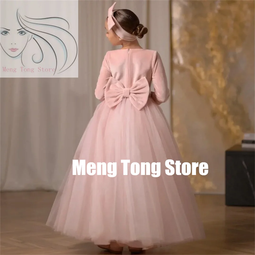 Customized  Wedding Birthday  With Bow 3/4 Sleeve Flower Girl Dresses For Party Velvet Tulle Prom Banquet Holy Communion Gown