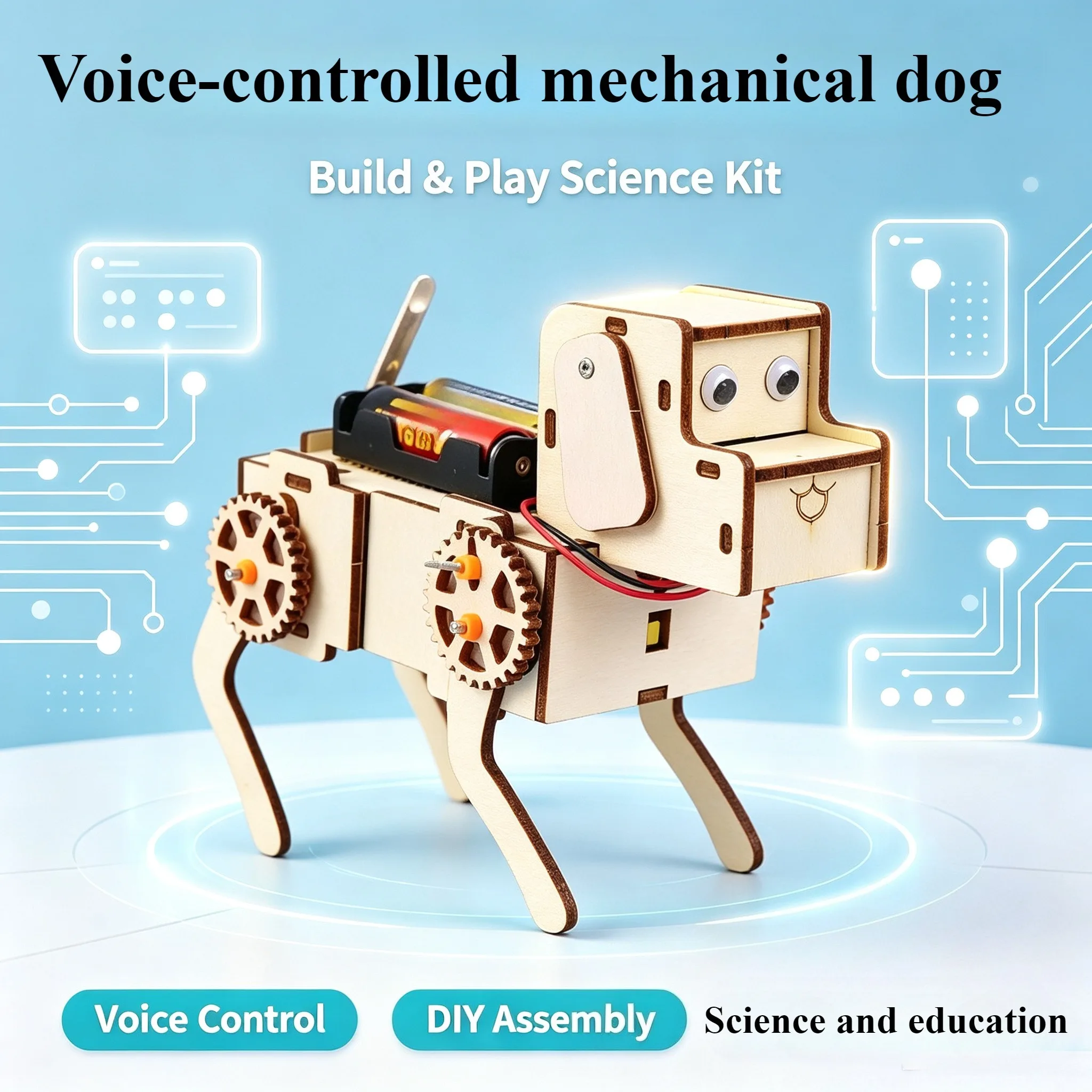 Children's Science and Education Experimental Toys, Voice-Controlled Mechanical Dog Hand-Assembled Model 3D Wooden Jigsaw Puzzle