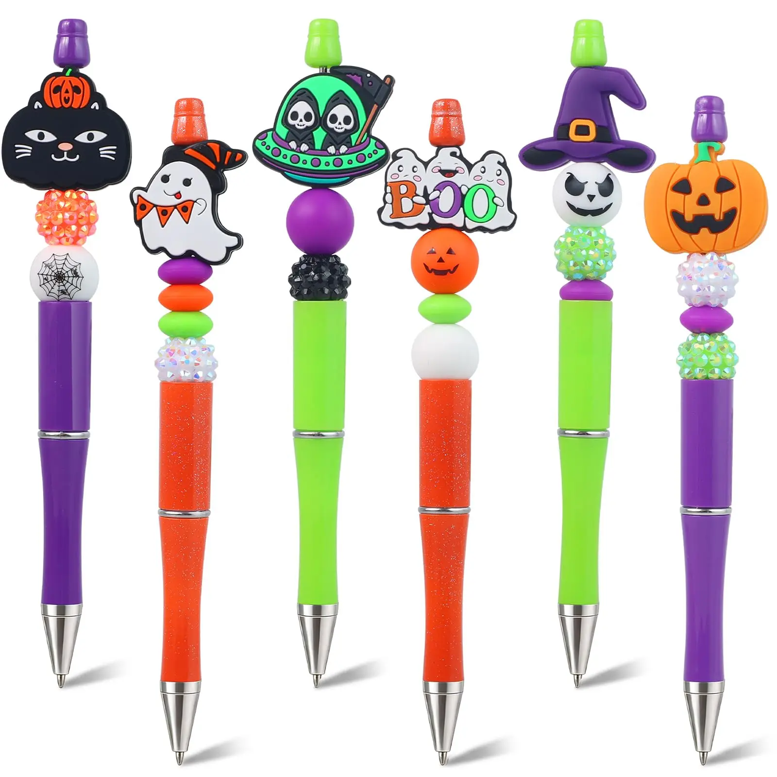 Halloween Pens, 6 Pcs Beadable Pens for Halloween Gifts Supplies Spooky Pumpkin Ghost Fun Cute Ballpoint Pens