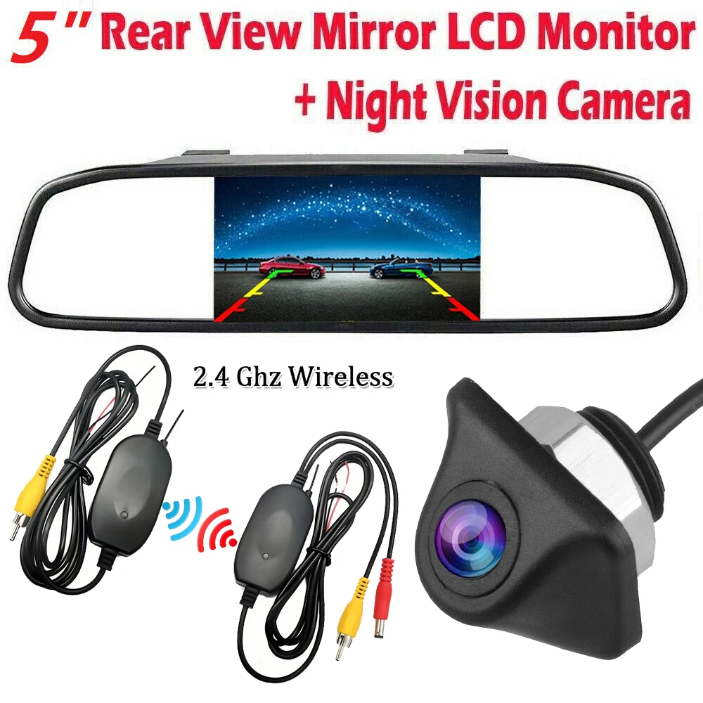 Wireless 5 inch Rear View Mirror Monitor + Car Backup Camera Kit Night Vison Camera for Car, Pickup, SUVs, Vans